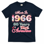60th Birthday Pink Floral Made In 1966 Years Of Being Awesome T-Shirt - Navy