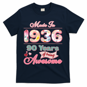 90th Birthday Pink Floral Made In 1936 Years Of Being Awesome T-Shirt - Navy