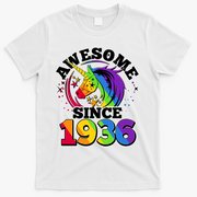 90th Birthday Rainbow Unicorn Awesome Since 1936 T-Shirt - White