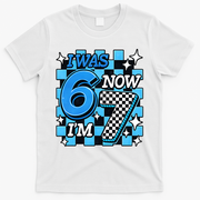 Blue Checkered I Was 6 Now I'm 7 67 Birthday Boy T-Shirt - White