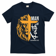 Christian Man Of God I Corinthians 16:13 Lion Cross T-Shirt - Navy